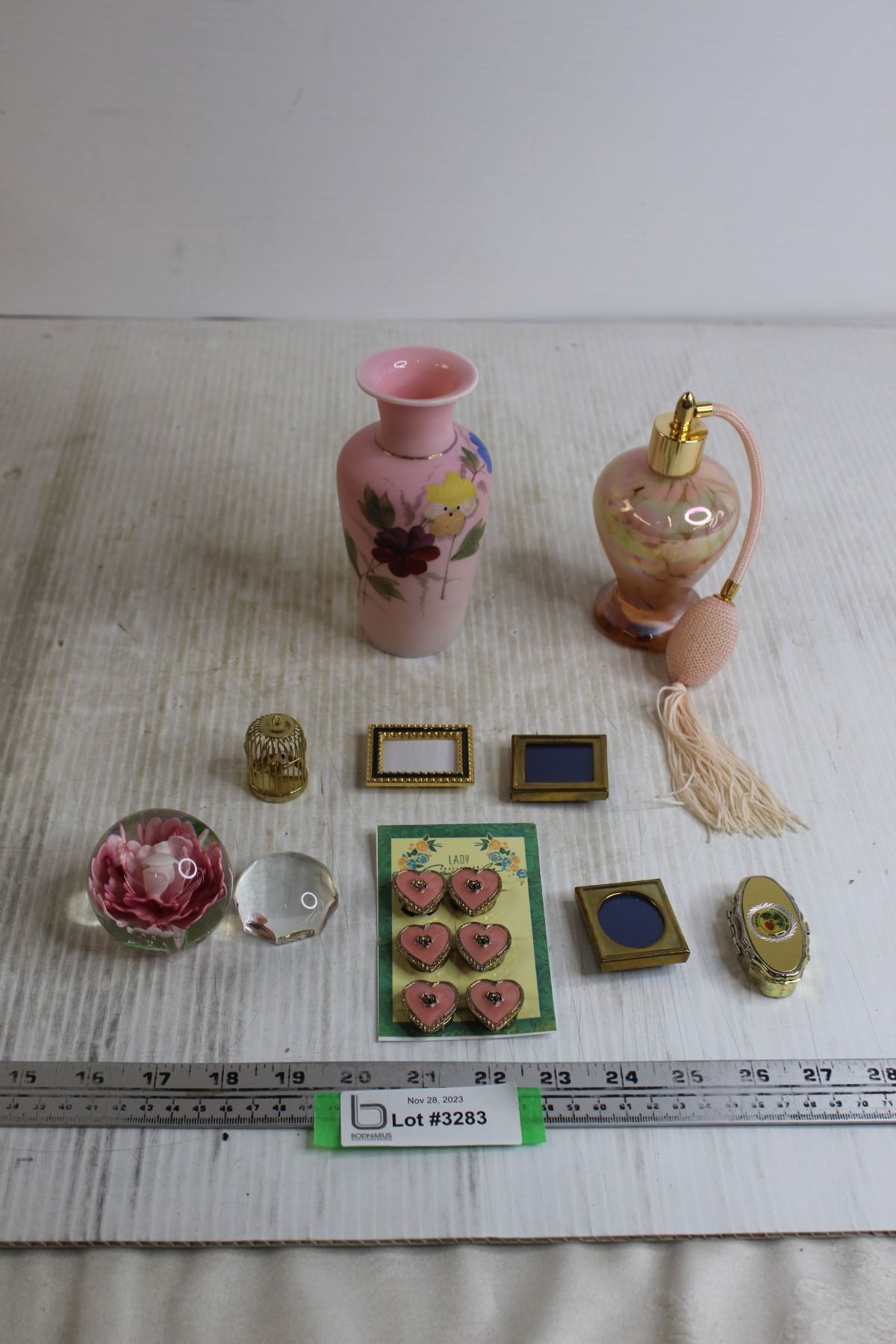 Pink and Brass Vase, Atomizer, (3) Mini Picture Frames, Button Covers