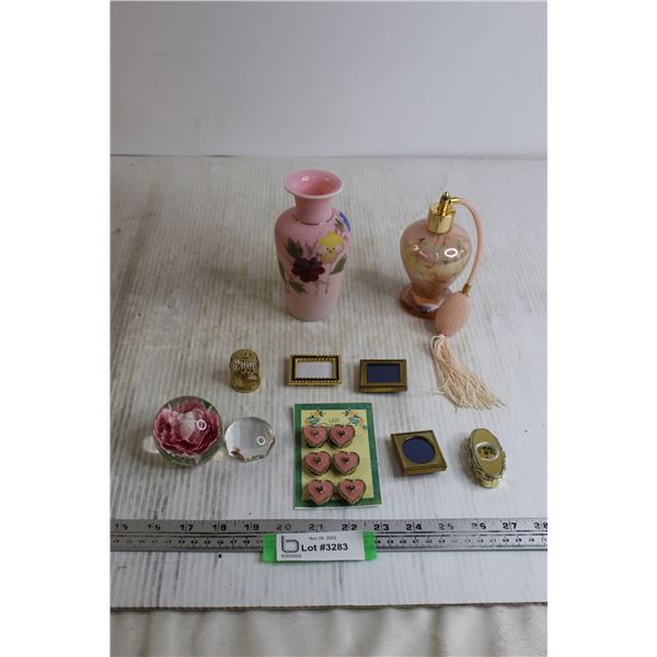 Pink and Brass Vase, Atomizer, (3) Mini Picture Frames, Button Covers, Pill Box, (2) Paper Weights, 