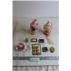 Image 1 : Pink and Brass Vase, Atomizer, (3) Mini Picture Frames, Button Covers, Pill Box, (2) Paper Weights, 