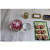 Image 3 : Pink and Brass Vase, Atomizer, (3) Mini Picture Frames, Button Covers, Pill Box, (2) Paper Weights, 
