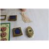 Image 4 : Pink and Brass Vase, Atomizer, (3) Mini Picture Frames, Button Covers, Pill Box, (2) Paper Weights, 