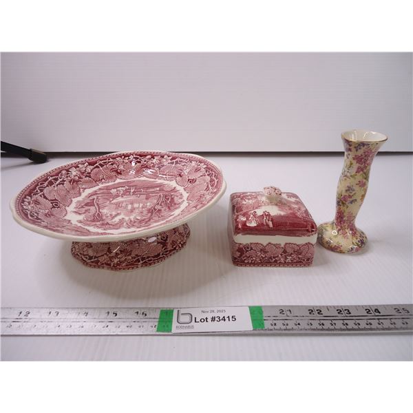 Mason's Vista Pink Round Footed Dish and Lid and Small Vase