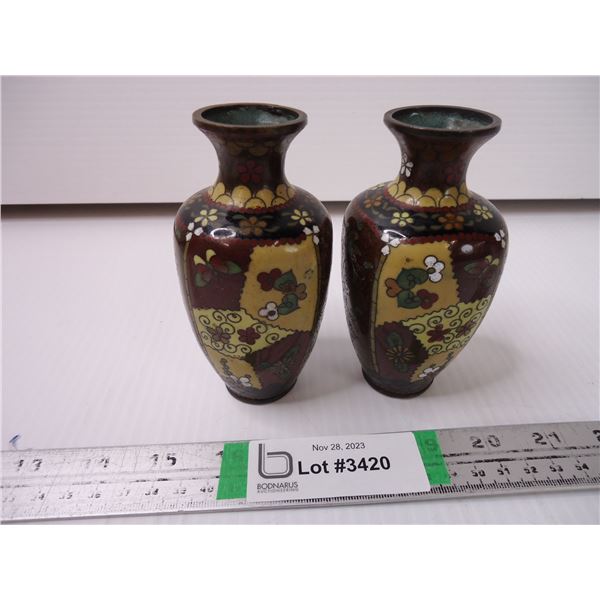 (2) Vintage Chinese Cloisonne Vases- 5" Tall