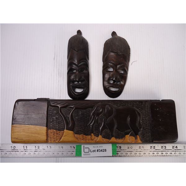 From Ghana, Ancient Wooden Bao Game and (2) African Mask Wall Hangers