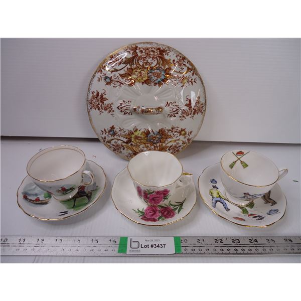 (3) Cups and Saucers(RCMP, Curling, Floral) and Lid for Casserole