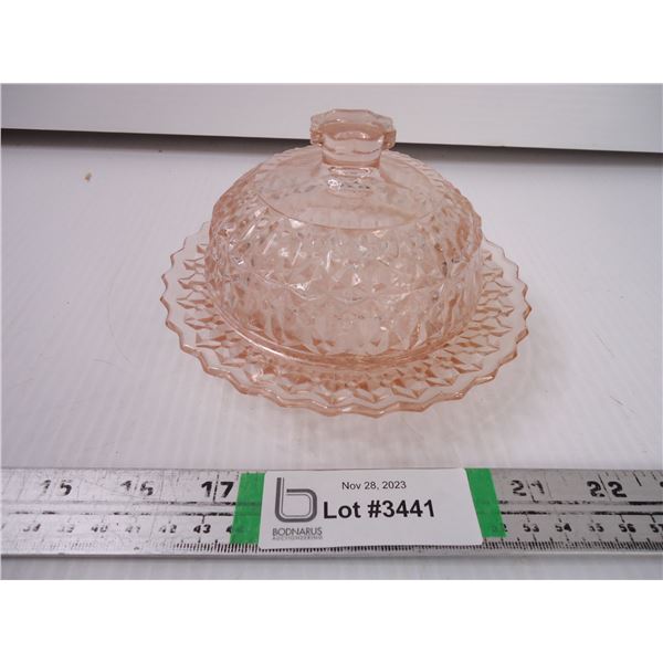Pink Buttons and Bows Depression Glass Butter Dish
