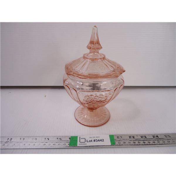 Pink Mayfair Depression Glass Covered Pedestal Candy Dish