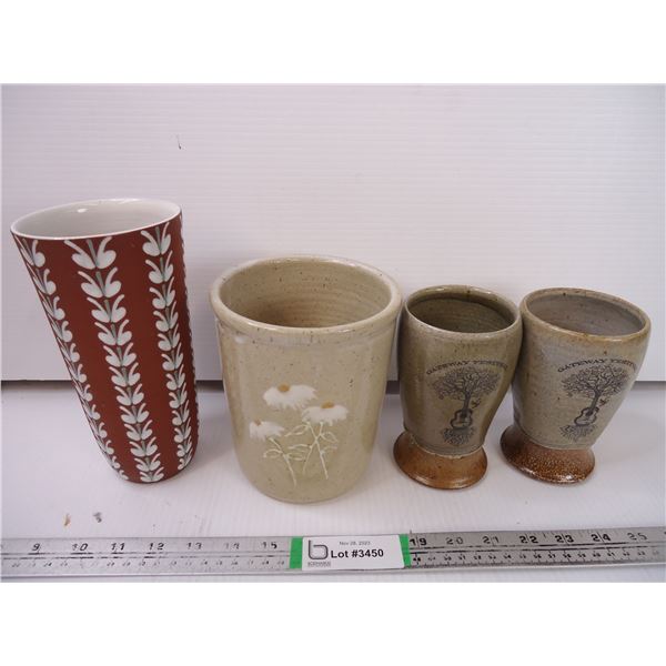 (2) Stoneware Mugs, Stone Planter, Vase