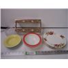 Image 1 : (4) Paragon Plates,(2) Pyrex Bowls,(2) Dessert Bowls,(4) Crystal Coasters and Metal Tissue Box Holde