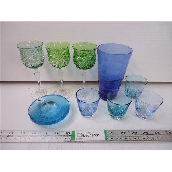 (9) Vintage Cut Glass Goblets and Whiskey Glasses