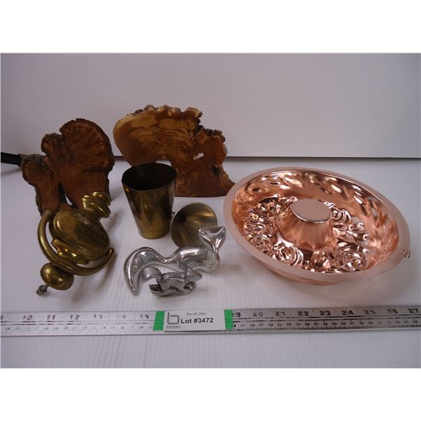 Vintage Round Bundt Cake Tin Mold, Brass Door Knocker, Wood Ornaments and Small Metal Ornaments