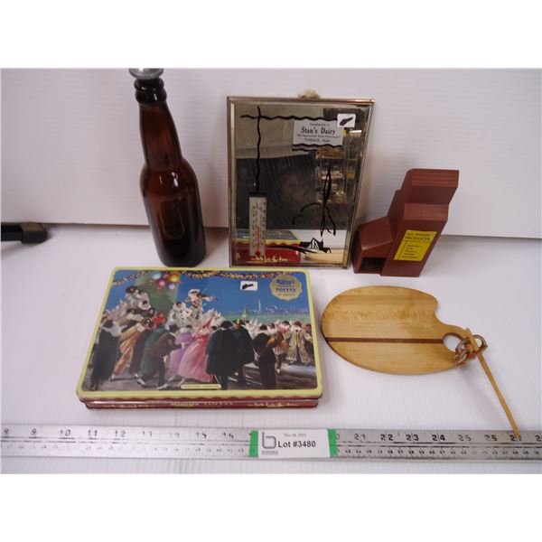 Wooden Cheese Board, Toffee Tin, Thermometer, Beer Bottle, Grain Elevator Bank