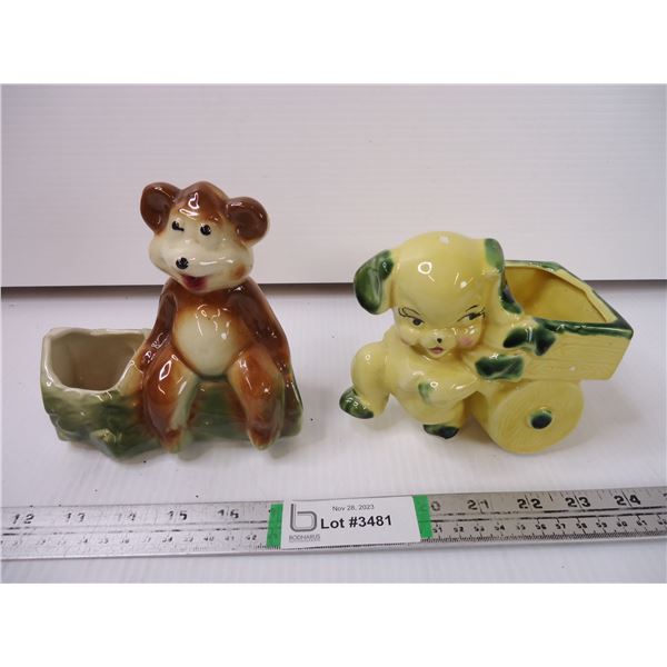 (2) Vintage Planters-Puppy and Bear on a Log