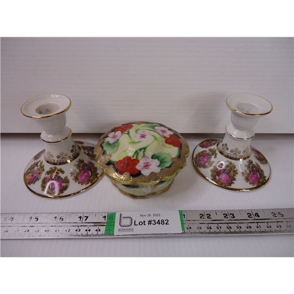 (2) Bayreuth(West Germany) Candle Holders and Vintage Nippon Roses Trinket Dish