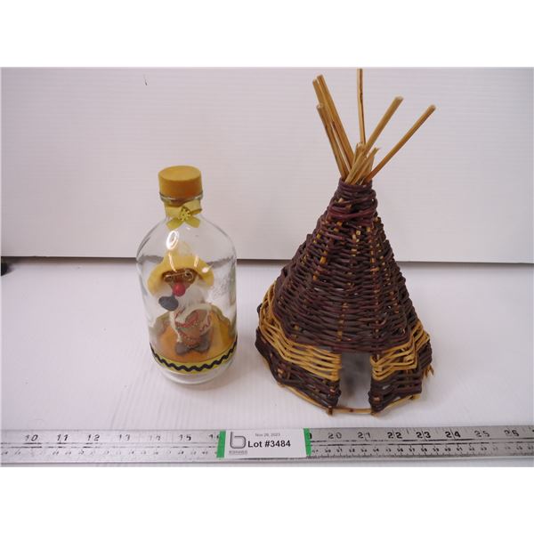 Vintage Wooden Bobble Head Man in Glass Bottle and Handmade Teepee