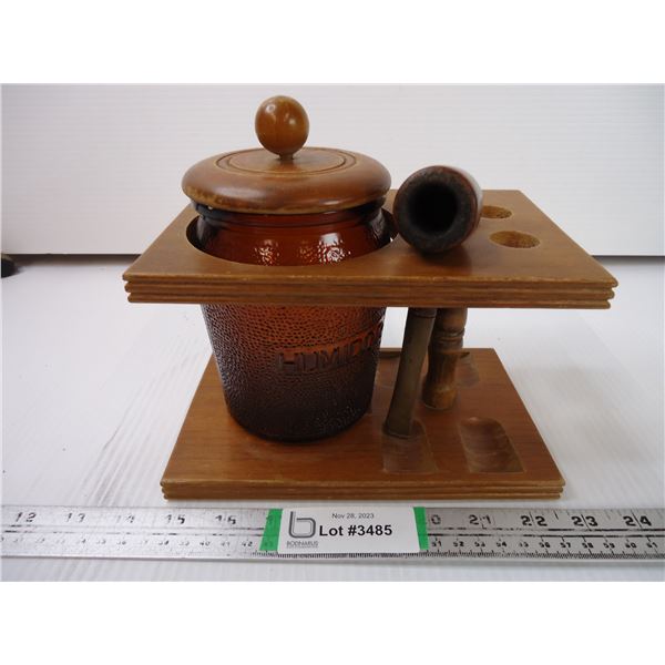 Vintage Traditional Walnut Estate Pipe Display Stand with Humidor Jar