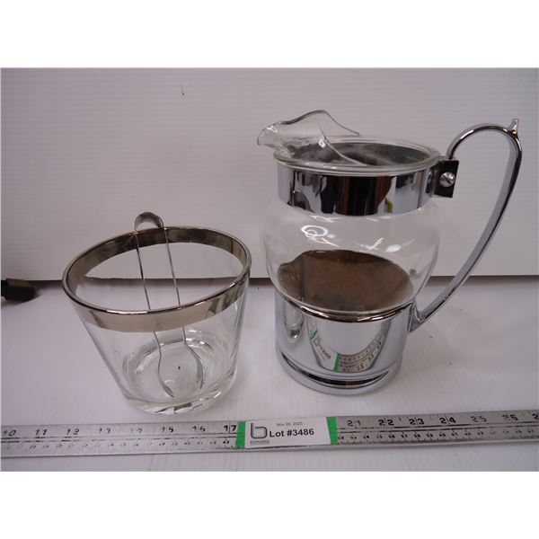 Vintage Bar Ware Silver Glass Pitcher and Glass Ice Bucket/Tongs