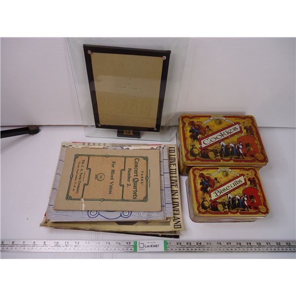 (2) Tins, Picture Frame and Various Literature Containing Workbooks and Music
