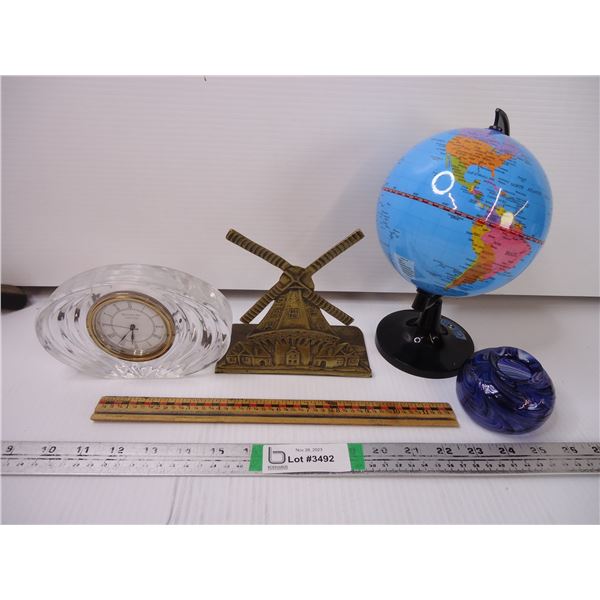 (5) Pieces for Desk-Globe, Waterford Crystal Clock, Book End, Ruler, Pen Holder