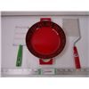 Image 1 : Red Enamel Decorated Swiss Handled Pan 8 inch and (2) Bakelite Handle Utensils