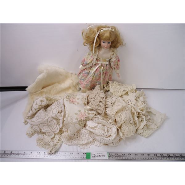 Doll on Pedestal, Fur, and over (20) Doilies