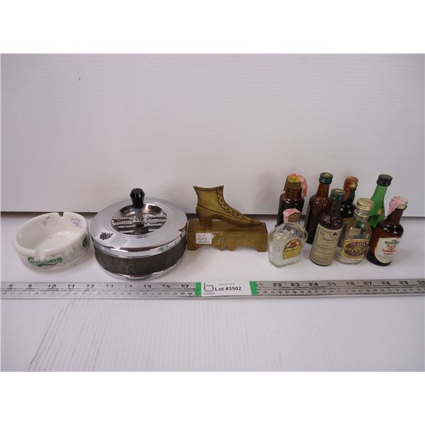 (2) Vintage Ashtrays, Match Holder , Alta Glass Vase and (8) Airplane Liquor Bottles
