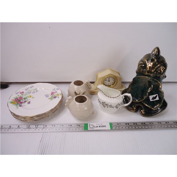 (6) Bell China Saucers,(2) Devon Ware, Clock, Aynsley Creamer and Statue