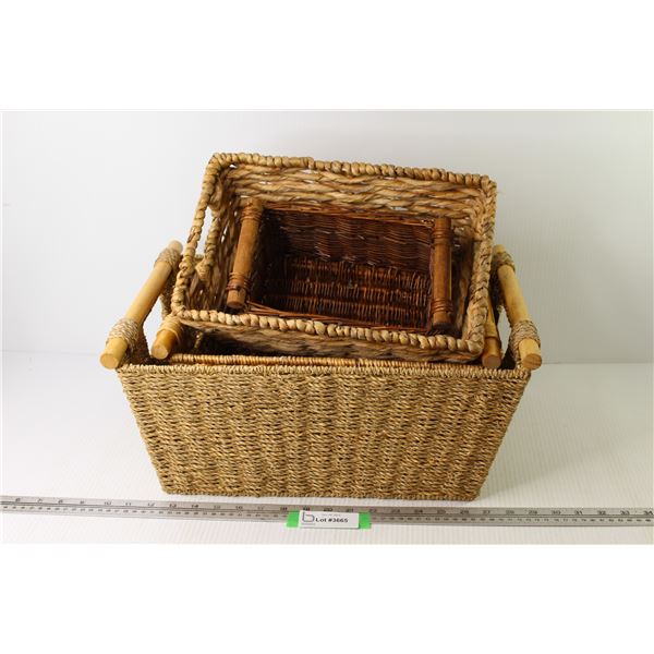 (4) Woven Baskets (3 have wooden handles)