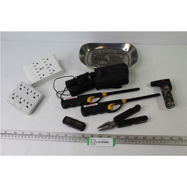 (3) Lighters - Bush Master Binoculars - (2) Multi Plug-Ins - Our Daily Bread Metal Dish - Multi Tool