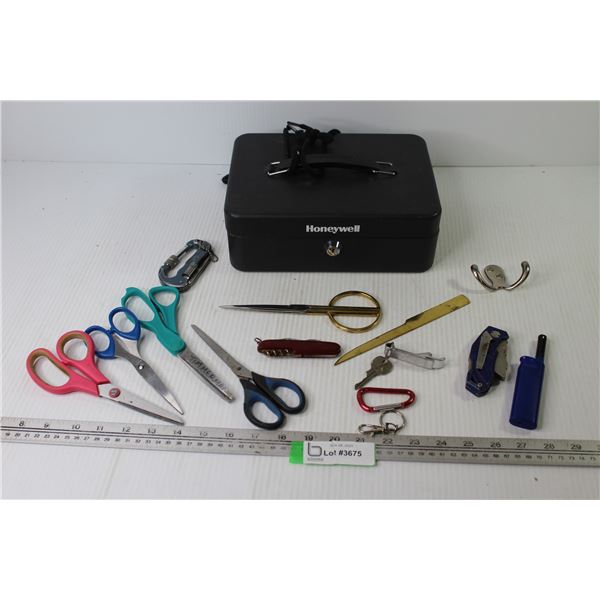Honey Well Security Box (no key) - Scissors - Multi Knife - Misc. Items
