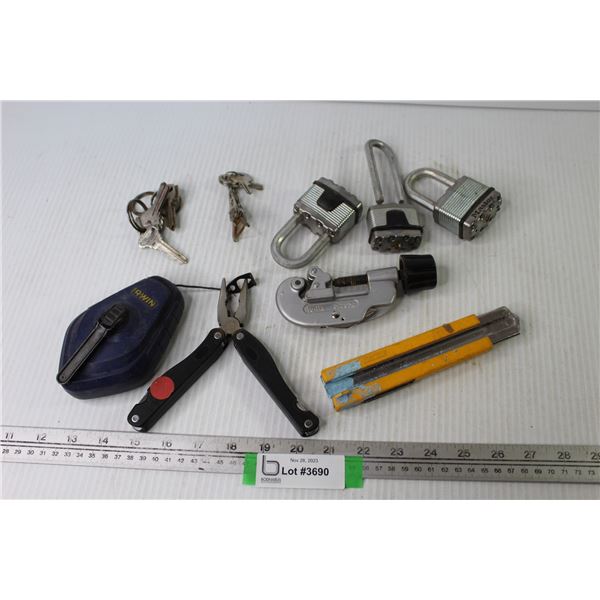 Snap Chalk Line - Keys - Multi Tool - Utility Knife - (3) Yale Locks (no keys) - Pipe Cutter