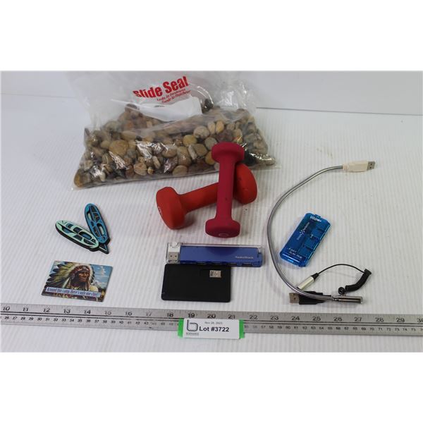 Bag of Rocks - (2) Hand Weights - USB Light - USB Storage Devices - Feather Fridge Magnets