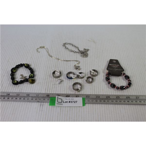 (2) Bracelets - (6) Rings Assorted Sizes - Lock & Key Charm Bracelet - Necklace
