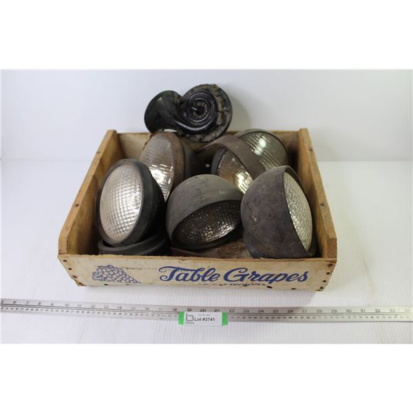 (5) Vintage Tractor Lights - Car Horn - Wooden Grape Crate