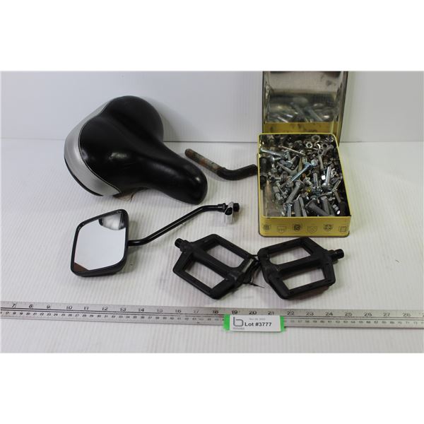 Bicycle Gel Seat - Hitch Pin - Pedals - Mirror - Tin of Nuts & Bolts