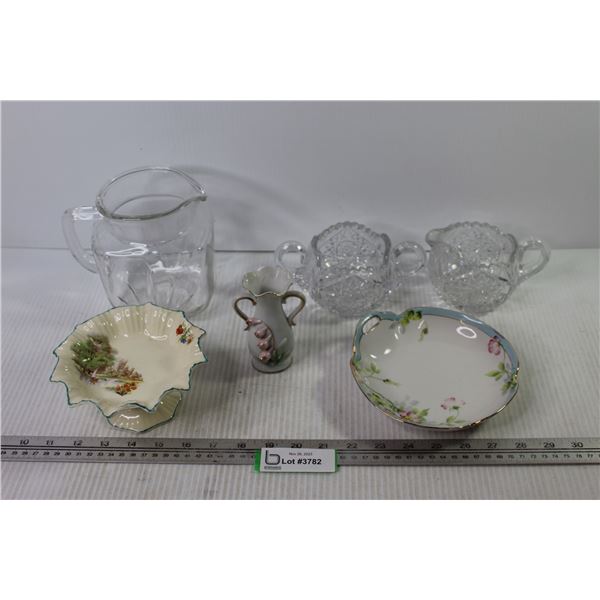 Nippon Bowl - J & G Meakin Dish - Glass Pitcher - Small Vase - Cut Glass Creamer & Sugar Bowl