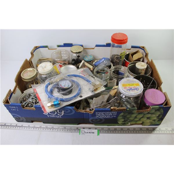 Large Assortment of Nails - Screws - Nuts - Bolts - Recharging Hose & Gauge - Misc. Hardware