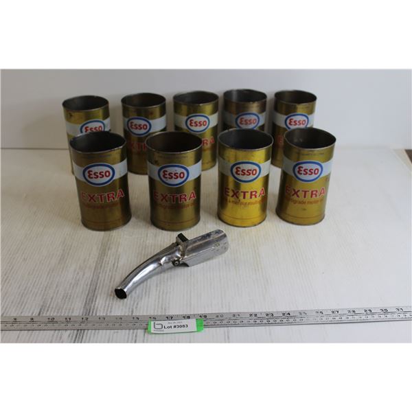 Oil Can Spout Opener, (9) Esso Motor Oil Cans - Litres