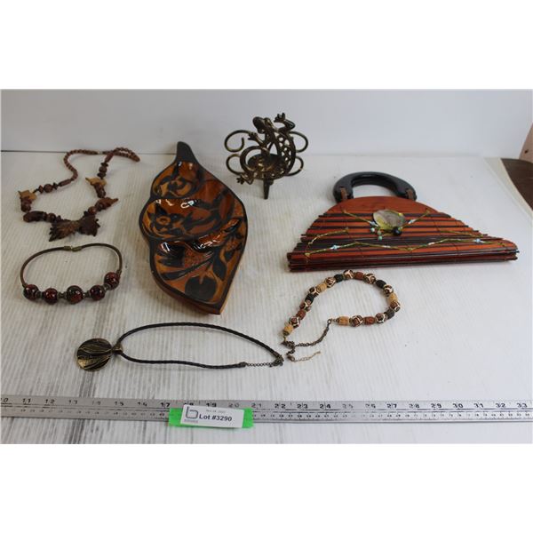 Wooden Trinket Tray, (4) Necklaces, Lizard Candleholder, Wooden Handbag