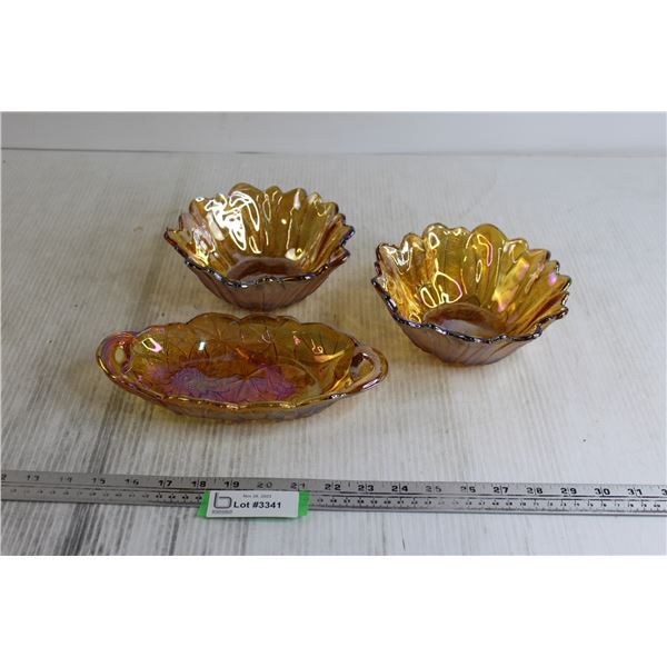 (2) Iridescent Yellow and Purple Sunflower Carnival Glass Bowls + Carnival Marigold Glass Oval Dish