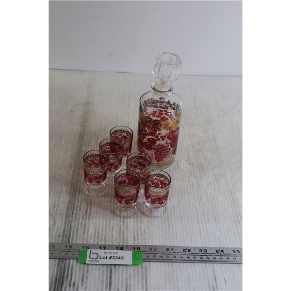 Gold & Red Grape/Leaf Design Cordial Glass & Decanter Set w/ 6 Glasses