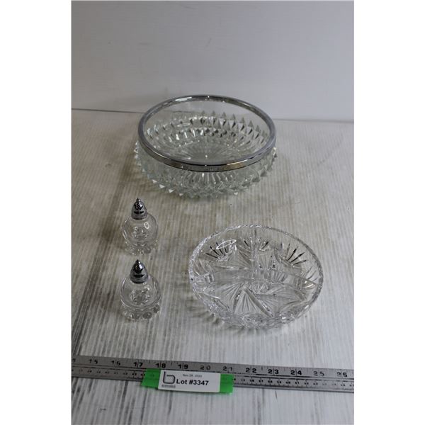 Salt and Pepper Shakers + Large Bowl + Crystal Divided Dish