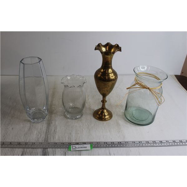 (3) Glass Vases + Brass Vase