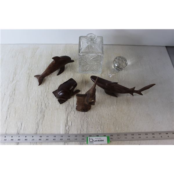 Pinwheel Crystal Decanter - Stopper is Broken, (3) Wood Fish Figures, (1) Wood Frog Figure