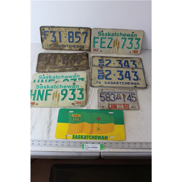 (8) Saskatchewan License Plates - 1976, 1986, 1989; (1) BC License Plate - 1994