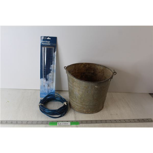 Vintage Metal Bucket, Rain Gauge (Sealed), Clothes Line Roll