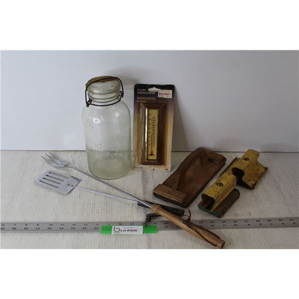 (3) Hand Sanding Tools, Thermometer (Sealed), (2) BBQ Utensils, Glass Sealer Jar