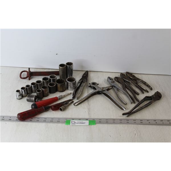 Various Tool Lot - Pilers, Leather Punch, Imperial Sockets, (2) Flat Screwdrivers, Trailer Pin