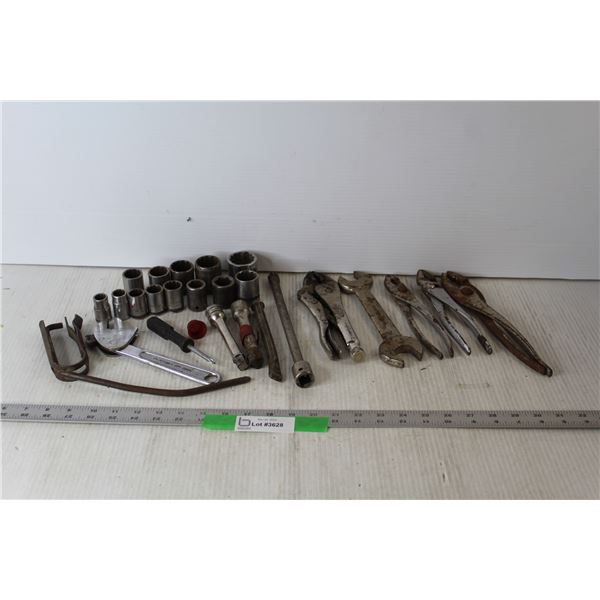 Various Tool Lot - (3) Pilers, Imperial Sockets, (3) Socket Extensions, Vise Grips, Punch, Screwdriv