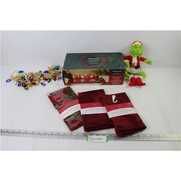 3 Piece Set of Winter Berry Candles - Grinch Toy - Cloth Napkins - Christmas Decorations